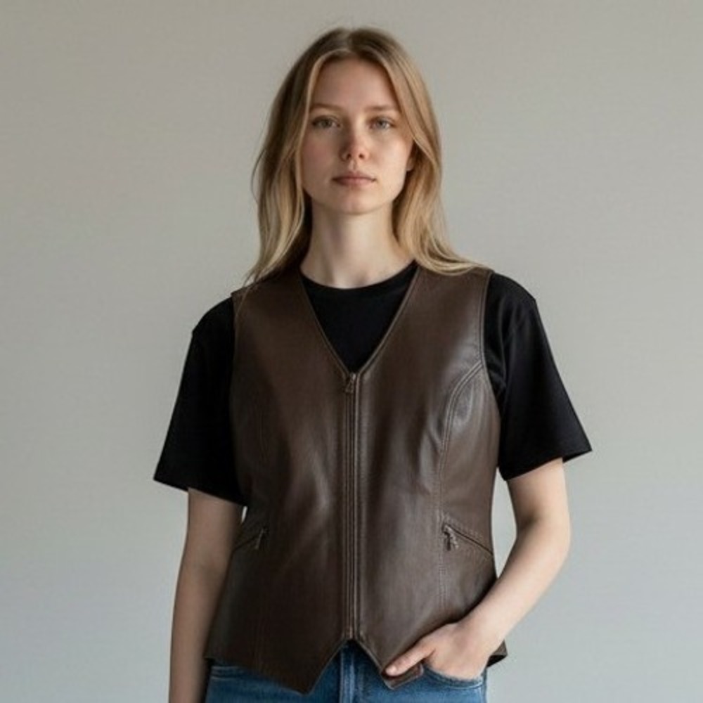 Venezia Leather Brown Vest Women's 18/20 Zip Front Lined V-Neck Retro Moto Biker